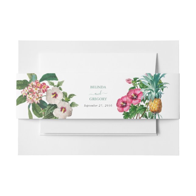 Tropical Watercolor Flowers & Greenery Wedding  Invitation Belly Band (Front Example)