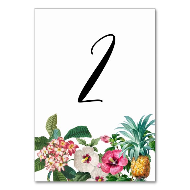 Tropical Watercolor Flowers & Greenery Wedding  Table Number (Front)