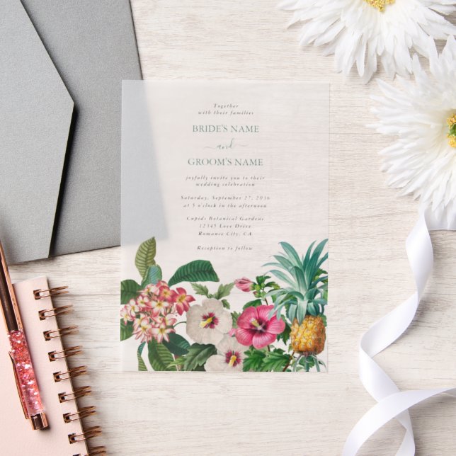Tropical Watercolor Flowers & Greenery Wedding Vellum Invitations (Wedding)