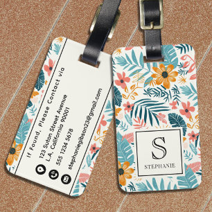 Tropical Watercolor Flowers & Leaves Chic Monogram Luggage Tag