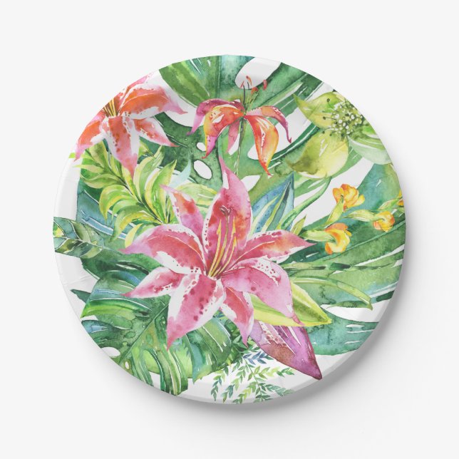 Tropical Watercolor Flowers Luau Summer Beach Paper Plate (Front)