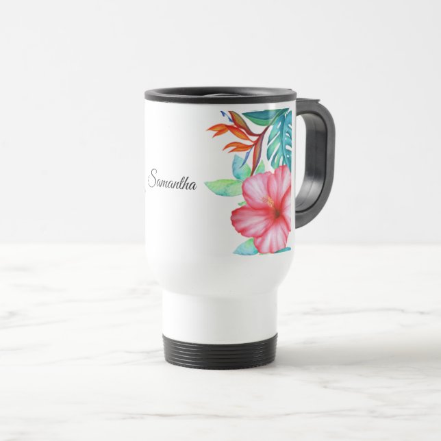 Tropical Watercolor Flowers Personalised Travel Mug (Front Right)