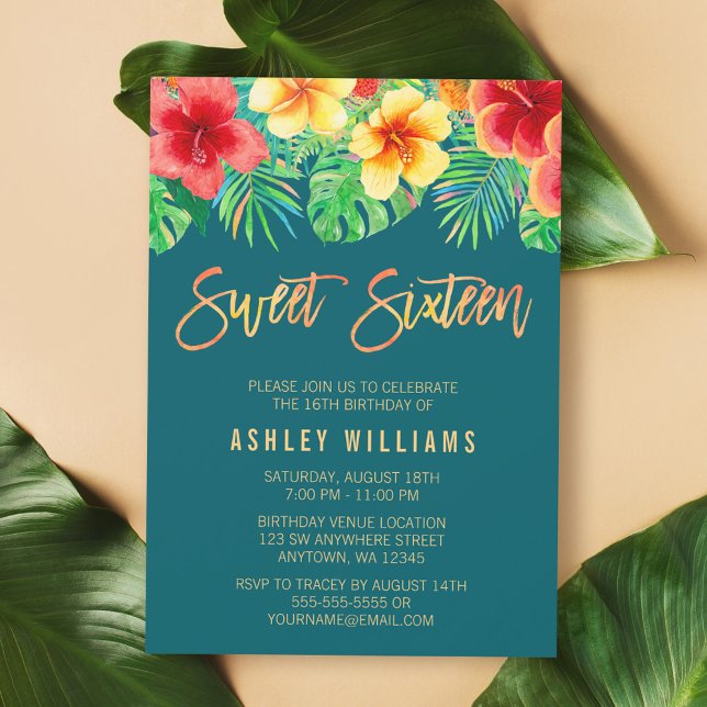 Tropical Watercolor Flowers Sweet 16 Birthday Invitation (Creator Uploaded)
