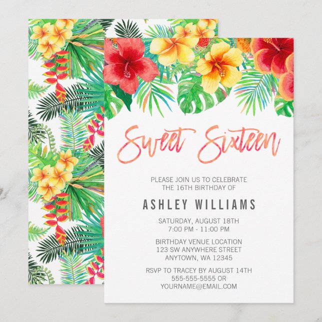 Tropical Watercolor Flowers Sweet 16 Invitation (Front/Back)