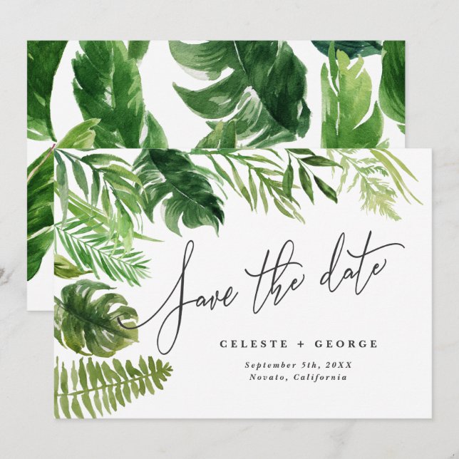 Tropical watercolor foliage floral save the date (Front/Back)