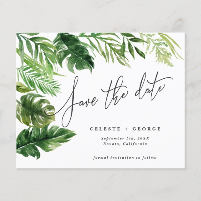 Tropical watercolor foliage floral save the date flyer (Front)