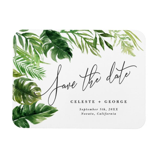 Tropical watercolor foliage floral save the date magnet (Horizontal)