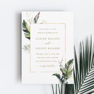 Tropical Watercolor Foliage Gold Frame Wedding Invitation
