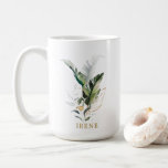 Tropical Watercolor Foliage Gold Script Coffee Mug<br><div class="desc">This personalised coffee mug features watercolor green tropical foliage with gold leaves accents. >>> Check out the entire collection >>> https://www.zazzle.com/collections/tropical_foliage_gold_collection-119316977990783186</div>