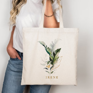 Tropical Watercolor Foliage Gold Script Tote Bag
