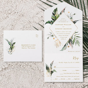 Tropical Watercolor Foliage Gold Wedding All In One Invitation
