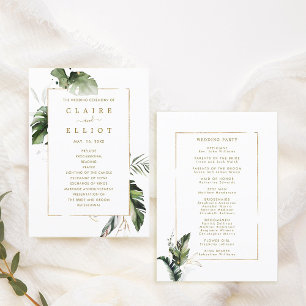 Tropical Watercolor Foliage Gold Wedding Ceremony Programme