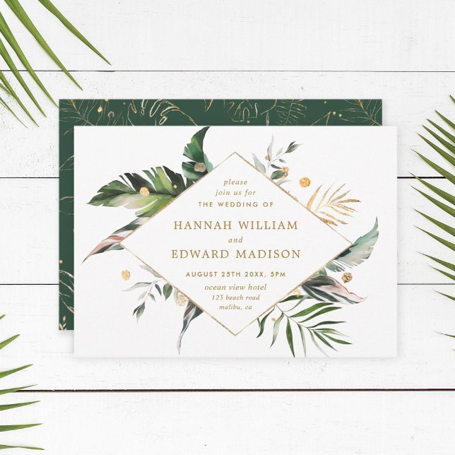Tropical Watercolor Foliage Gold Wedding Invitation (Creator Uploaded)