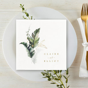 Tropical Watercolor Foliage Gold Wedding Napkin