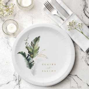 Tropical Watercolor Foliage Gold Wedding Paper Plate