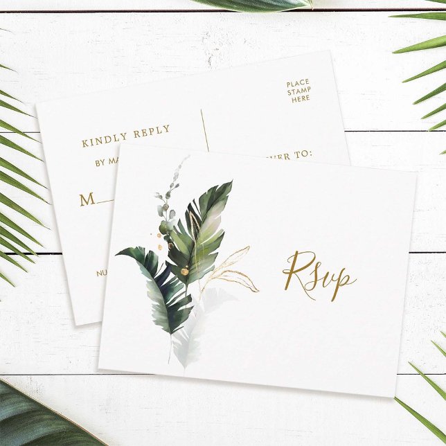 Tropical Watercolor Foliage Gold  Wedding RSVP Invitation Postcard (Front & Back)