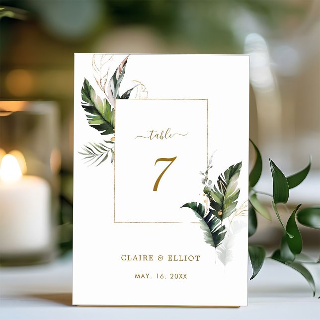 Tropical Watercolor Foliage Gold Wedding Table Number (Creator Uploaded)