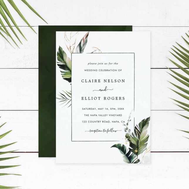 Tropical Watercolor Foliage Green Frame Wedding Invitation (Creator Uploaded)