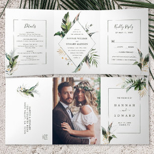 Tropical Watercolor Foliage Green Frame Wedding Tri-Fold Invitation