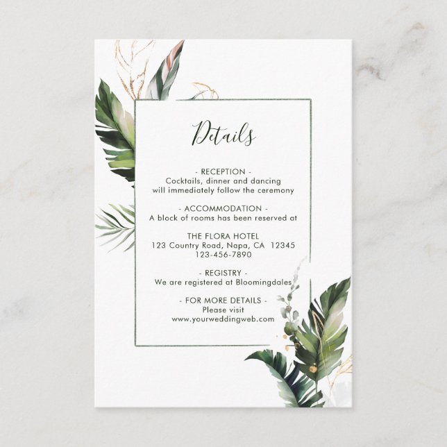 Tropical Watercolor Foliage Green Wedding Enclosure Card (Front)