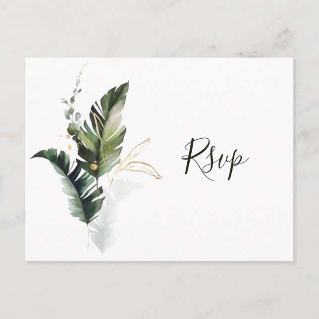 Tropical Watercolor Foliage Green Wedding RSVP Invitation Postcard (Front)