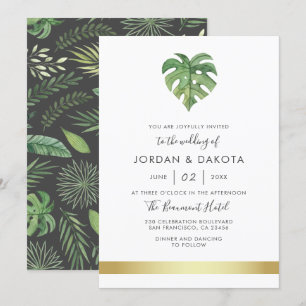 Tropical Watercolor Foliage   Modern Gold Wedding Invitation