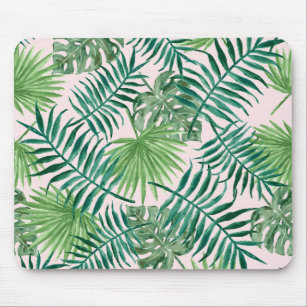 Tropical Watercolor Foliage on Blush Pink Mouse Mat