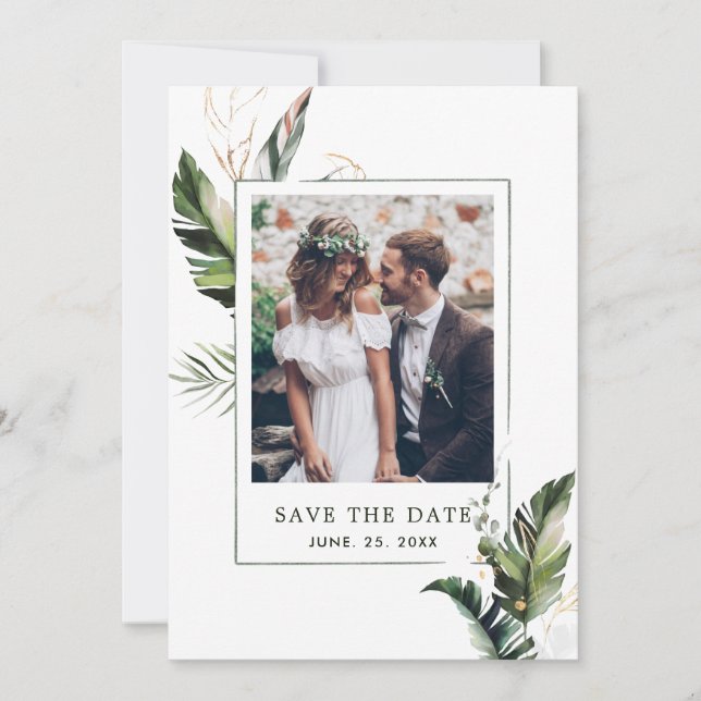 Tropical Watercolor Foliage Photo Wedding Save The Date (Front)