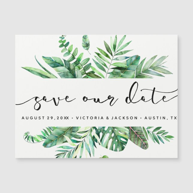 Tropical watercolor foliage  save our date V1 (Front)