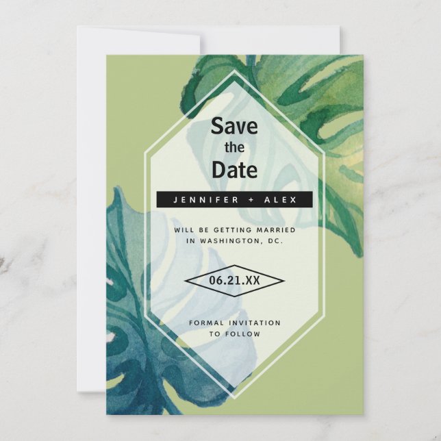 Tropical Watercolor Foliage Save The Date (Front)