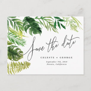 Tropical watercolor foliage save the date announcement postcard