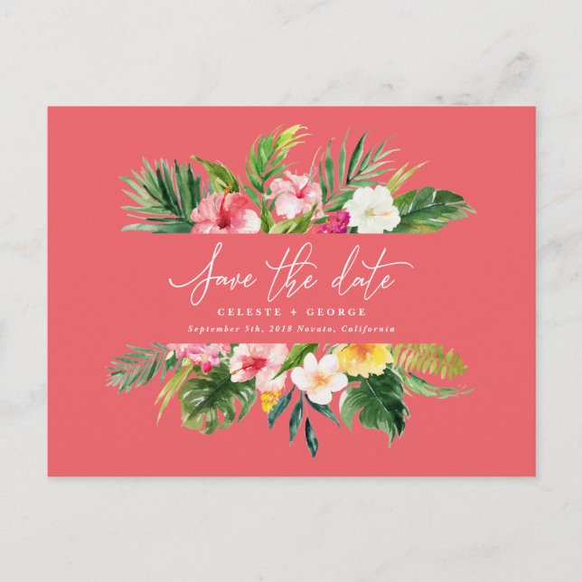 Tropical watercolor foliage script save the date announcement postcard (Front)