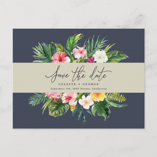 Tropical watercolor foliage script save the date announcement postcard (Front)
