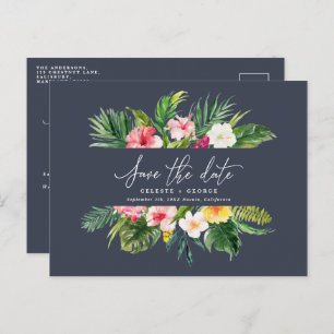Tropical watercolor foliage script save the date announcement postcard