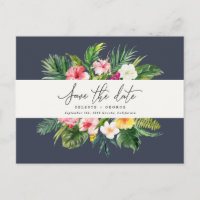 Tropical watercolor foliage script save the date