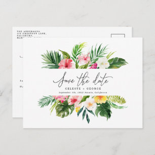 Tropical watercolor foliage script save the date announcement postcard