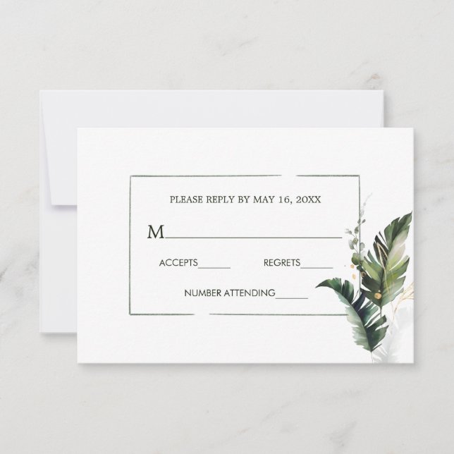 Tropical Watercolor Foliage Wedding RSVP Card (Front)