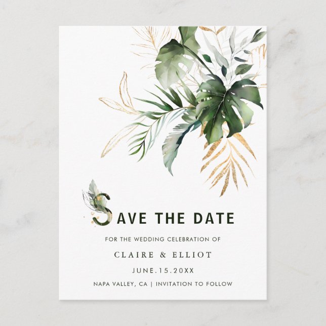Tropical Watercolor Foliage Wedding Save the Date Announcement Postcard (Front)