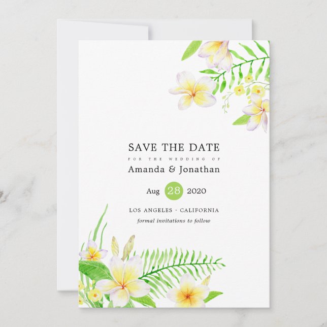 Tropical Watercolor Frangipani Floral Wedding Save The Date (Front)