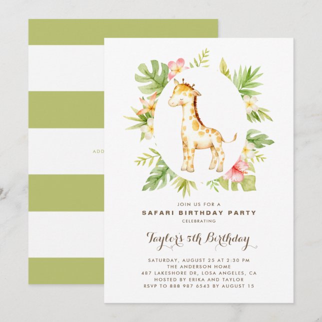 Tropical Watercolor Giraffe Safari Kids Birthday Invitation (Front/Back)