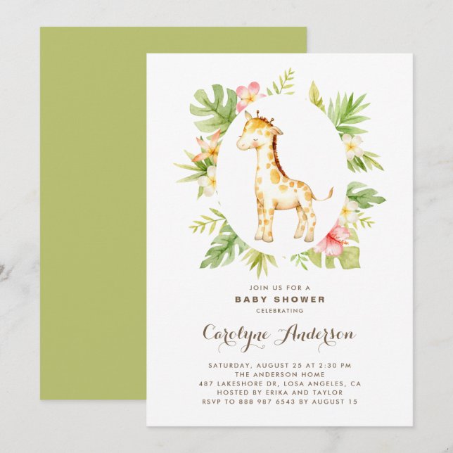 Tropical Watercolor Giraffe Summer Baby Shower Invitation (Front/Back)