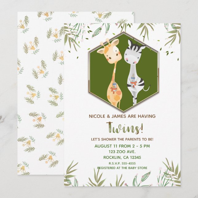 Tropical Watercolor Giraffe & Zebra Baby Shower Invitation (Front/Back)