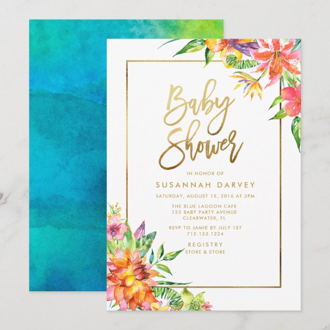 Tropical Watercolor GOLD Calligraphy Baby Shower Invitation (Front/Back)
