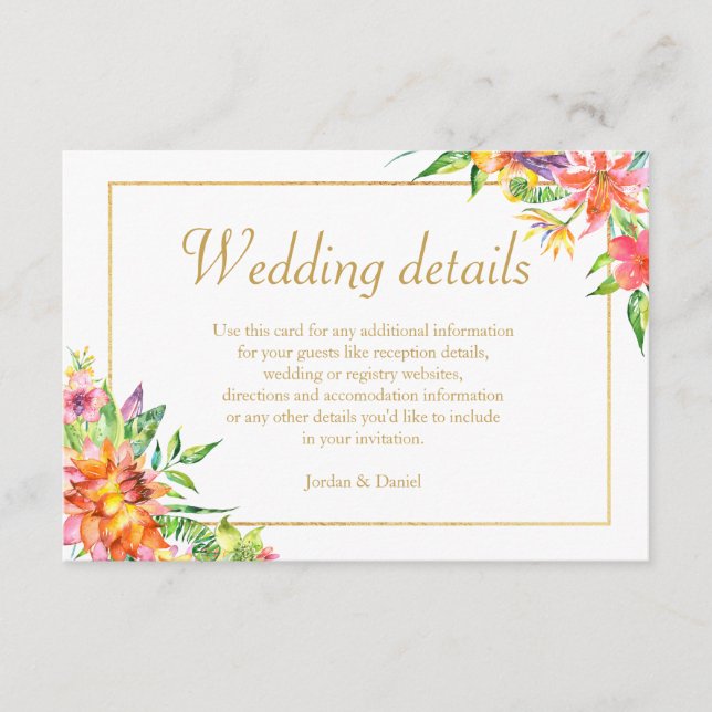 Tropical Watercolor Gold  Frame Wedding Details Enclosure Card (Front)