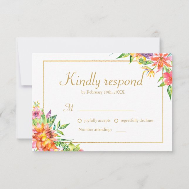 Tropical Watercolor Gold  Frame Wedding RSVP Card (Front)
