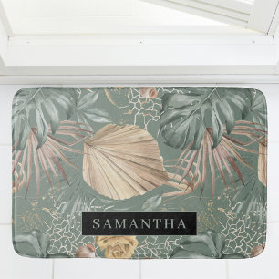 Tropical Watercolor Gold & Green Leaves Pattern  Bath Mat