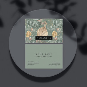 Tropical Watercolor Gold & Green Leaves Pattern Business Card