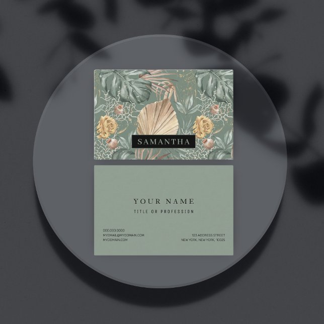 Tropical Watercolor Gold & Green Leaves Pattern  Business Card (Creator Uploaded)