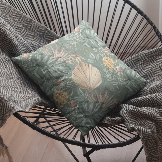 Tropical Watercolor Gold & Green Leaves Pattern  Cushion (Creator Uploaded)