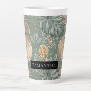 Tropical Watercolor Gold & Green Leaves Pattern  Latte Mug
